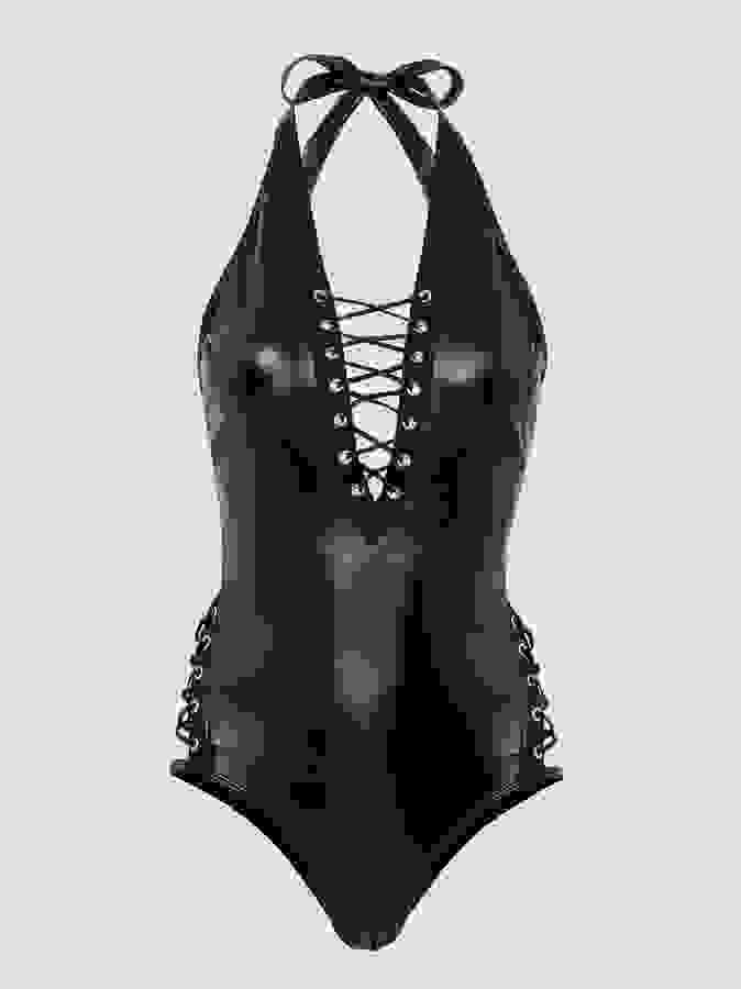 Lovehoney Plus Size Fierce Leather-Look Lace-Up Body , Black, hi-res